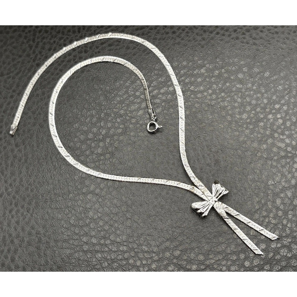 Vintage Rhodium Plated Sterling Silver 925 Herringbone Necklace Bow Pendant 15"